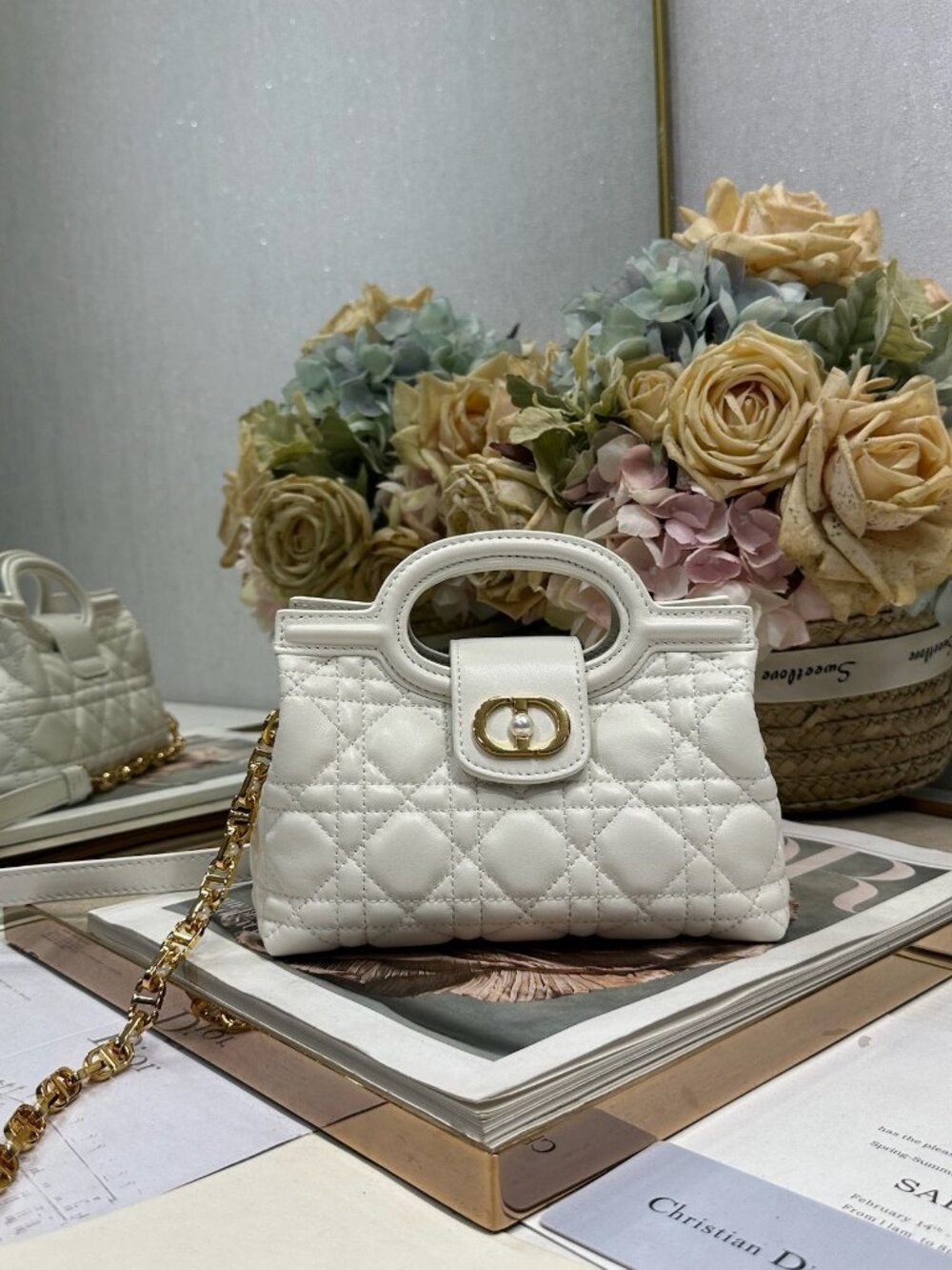 Dior Jolie Top Handle Mini Bag White Cannage Lambskin